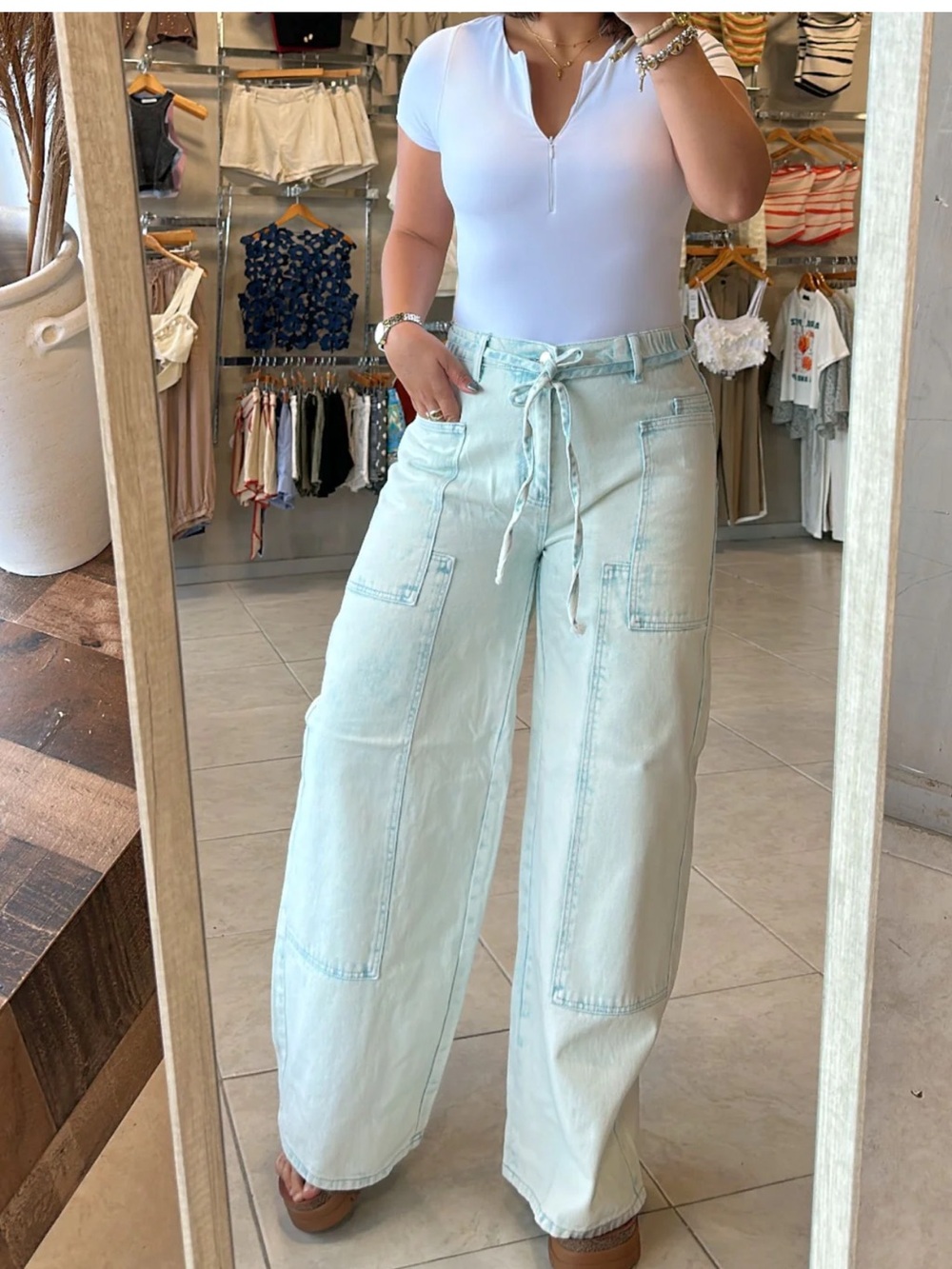 ShopEvelynne Light Wash Wide-Leg Jeans with Drawstring